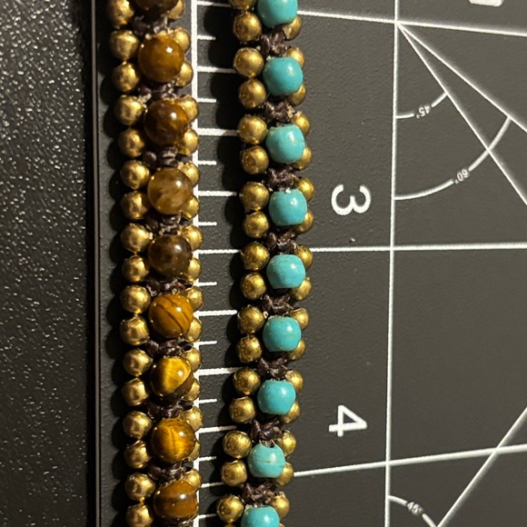 Beaded Bracelets- Turquoise and Tiger eye with brass beads and bells - Picture 3 of 7
